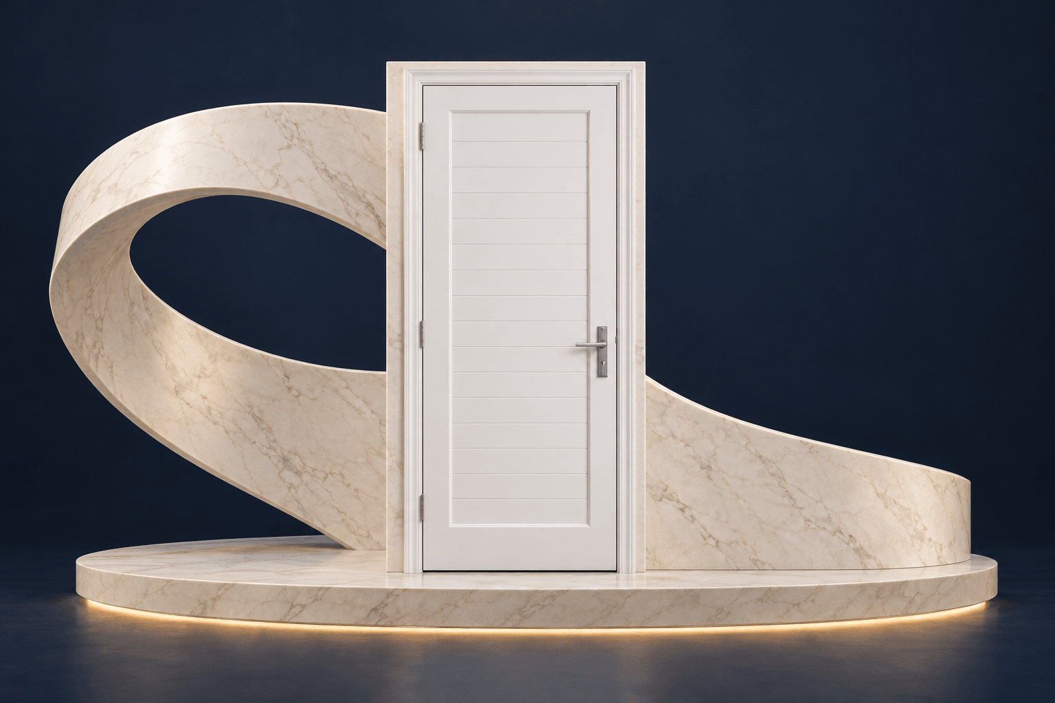Kıvrımlı açık mermer sahnede beyaz PVC panel kapı görselleştirmesi