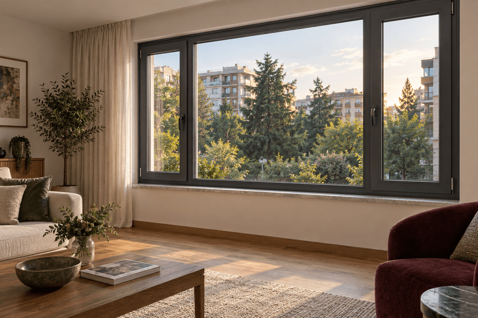 Bir apartman salonunda geniş antrasit PVC pencere ve yeşil avlu manzarası görselleştirmesi