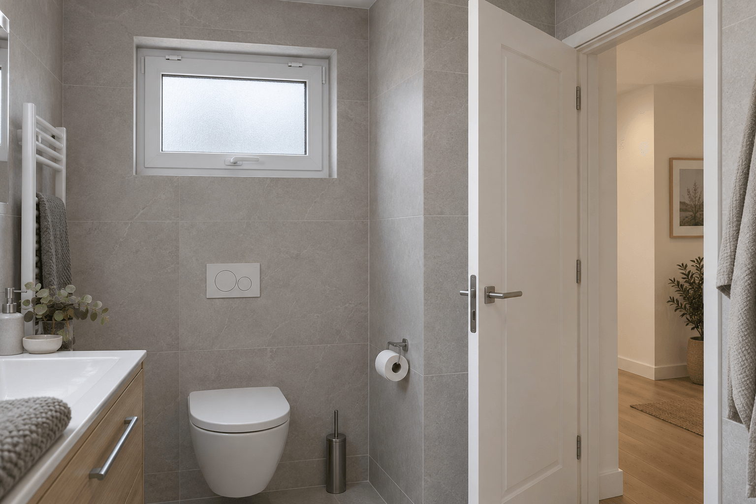 Buzlu camlı küçük beyaz PVC pencere ve beyaz panel kapılı banyo görselleştirmesi