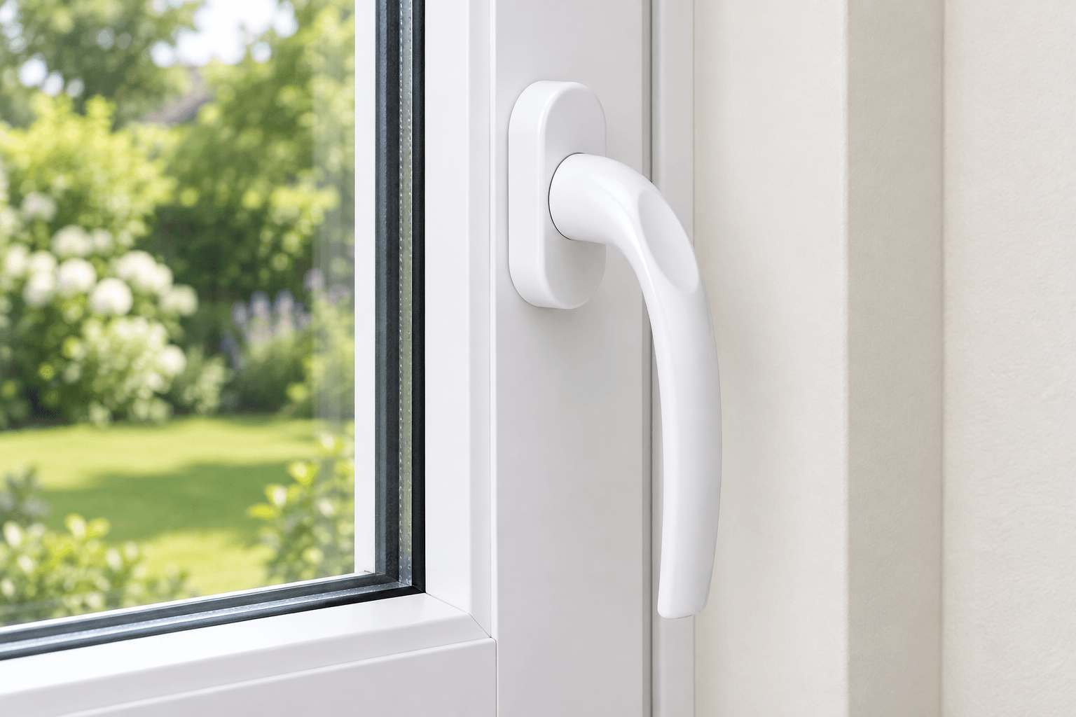 Beyaz PVC pencereye montajlı beyaz kolun yakın plan görselleştirmesi